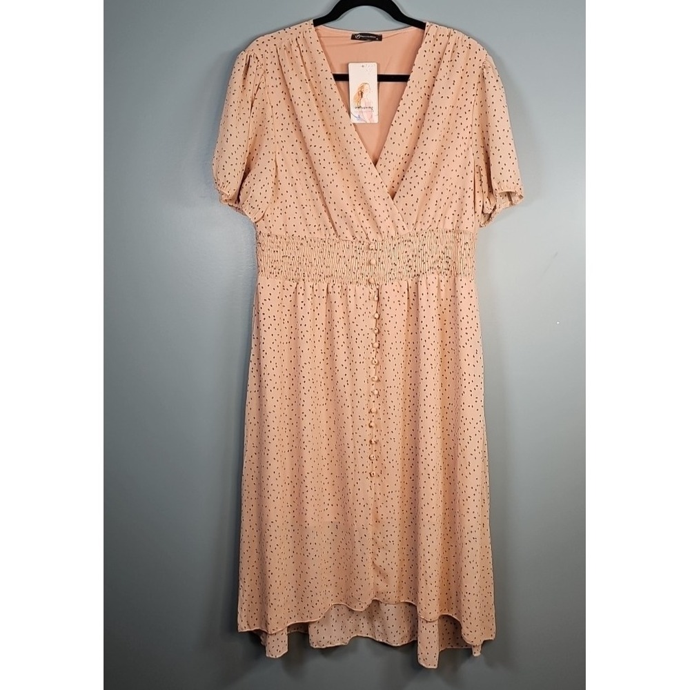 Pretty Garden Women's Dress V Neck Midi High Low Hem Smocked Pink Speckled Sz XL